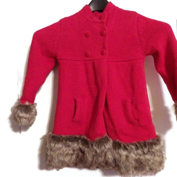 NWT Girls Christian Soriano Red Knit Coat Jacket Faux Fur Trim SZ 5-6 - Picture 4 of 7